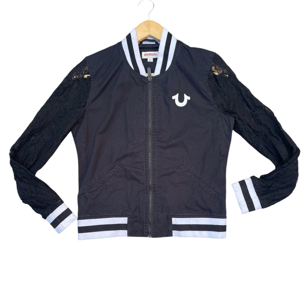 True Religion Black Varsity Jacket with Lace Sleeves World Tour S